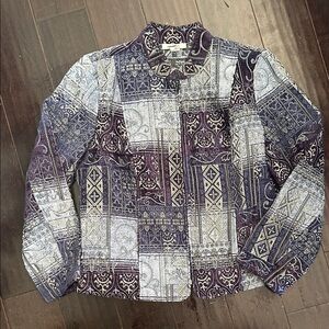 Dressbarn L Purple Gray Textured Jacket blazer tapestry denim zipper front jeans